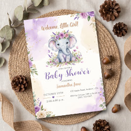 Invitación Bienvenida Niña Elefante Floral Púrpura