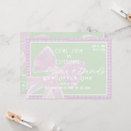Invitación Bienvenida pequeña - lazo rosa Coquette y cuadros 