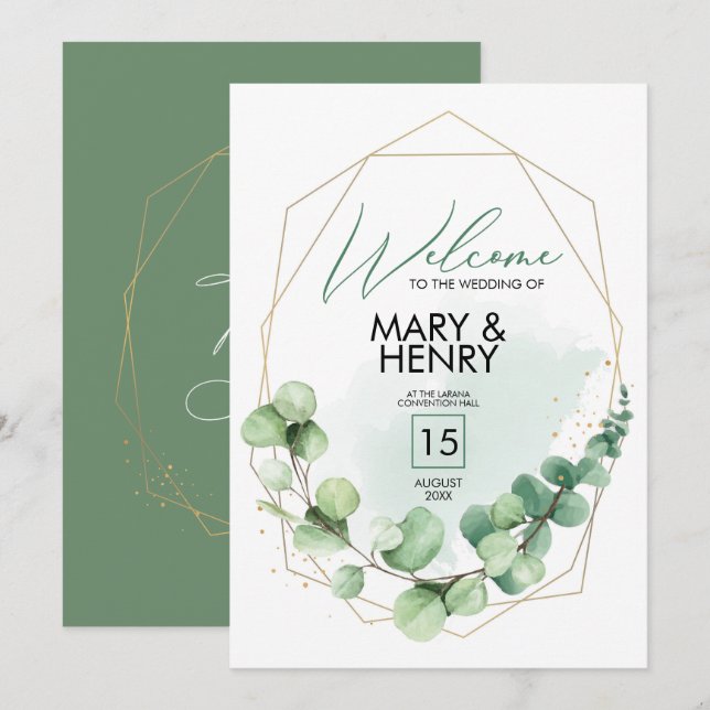 Invitación Bienvenido a la fiesta de boda verde eucalipto (Anverso / Reverso)