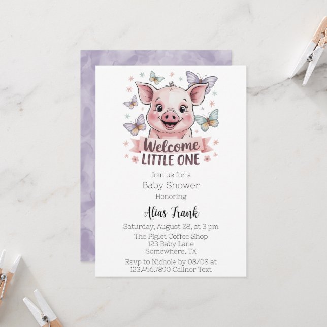 Invitación Bienvenido a Little One - Cute Piglet Baby Shower (Anverso/Reverso In Situ)