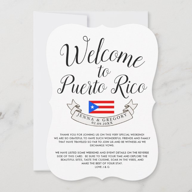 Invitación Bienvenido a Puerto Rico| Favor de la boda de dest (Anverso)