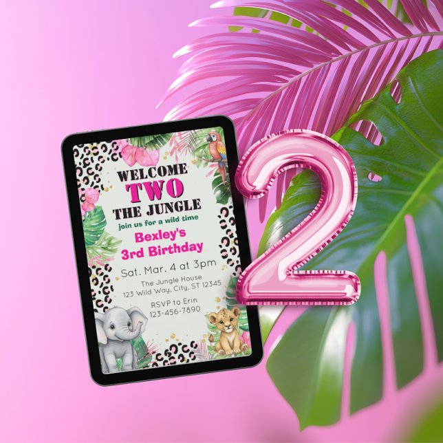 Invitación Bienvenido DOS Cumpleaños 2 Jungle Pink (Subido por el creador)
