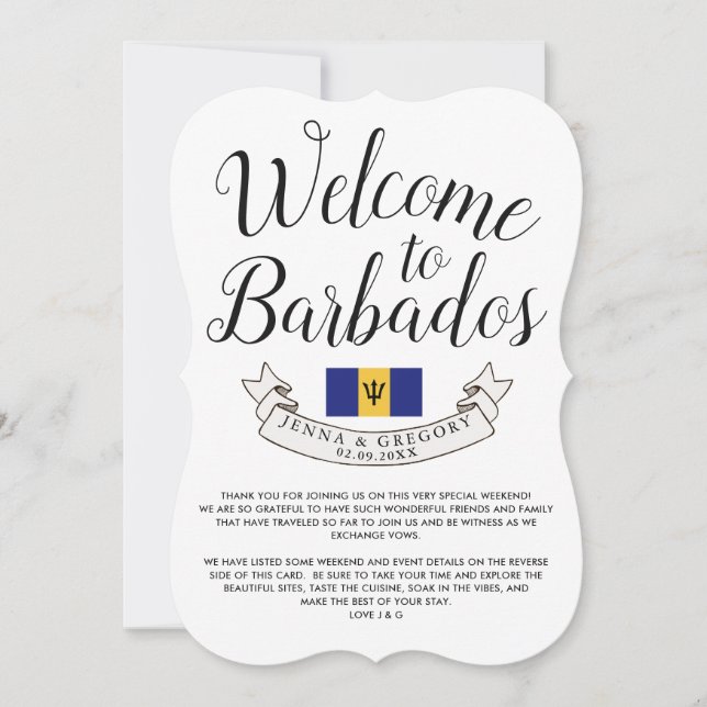Invitación Bienvenidos a Barbados | Favor de la boda de desti (Anverso)