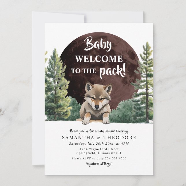 Invitación Bienvenidos A La Baby Shower De Pack Wolf Forest B (Anverso)