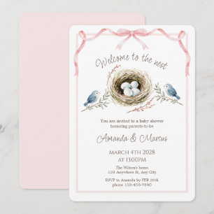 Invitación Bienvenidos a la ducha de bebé Nest Pink Ribbon