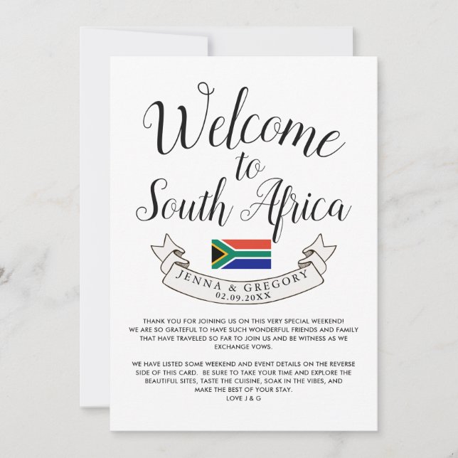 Invitación Bienvenidos a Sudáfrica | Boda de destino (Anverso)