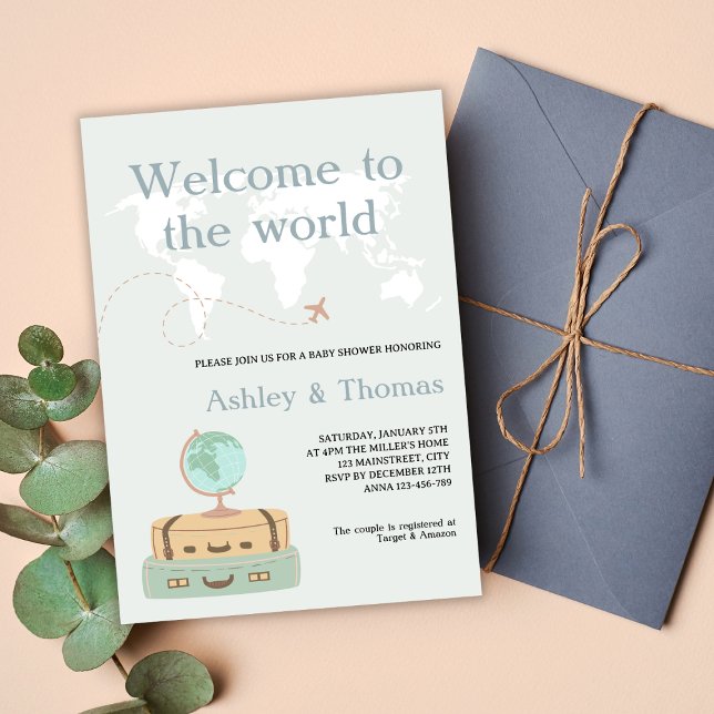 Invitación Bienvenidos Al Baby Shower De Viajes World Map (welcome to the world travel baby shower invitation world map globe travel suit cases earthly tones)