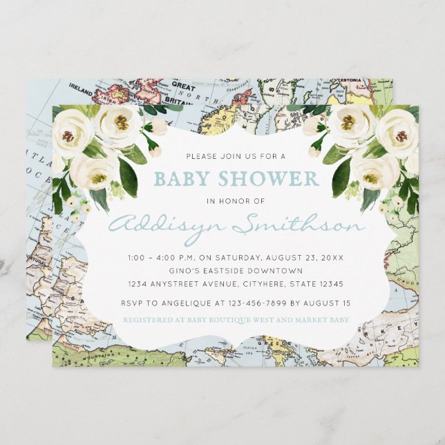 Invitación Bienvenidos Al Baby Shower De World Floral Map Blu (Anverso / Reverso)