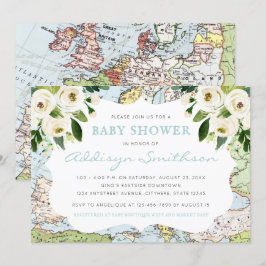 Invitación Bienvenidos Al Baby Shower De World Floral Map Blu