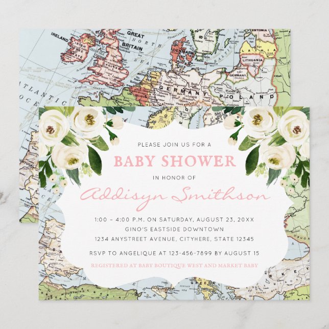 Invitación Bienvenidos Al Baby Shower Rosa Del Mapa Floral Mu (Anverso / Reverso)