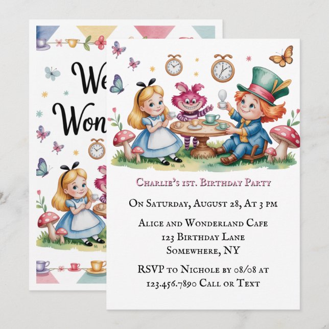 Invitación Bienvenidos Al Fiesta De Nacimiento De Wonderland (Anverso / Reverso)