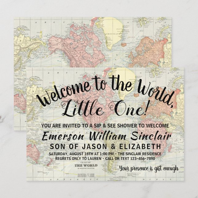 Invitación Bienvenidos al World Sip y ver Baby Shower (Anverso / Reverso)