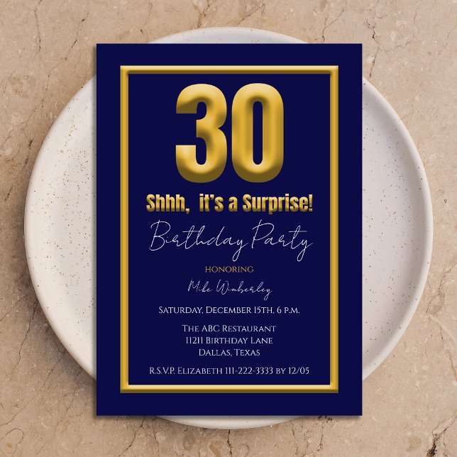 Invitación Big 30 Surprise Birthday Party Navy Blue (Subido por el creador)