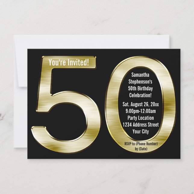 Invitación Big 5-0 Metallic-Look Gold Fiesta de cumpleaños 50 (Anverso)