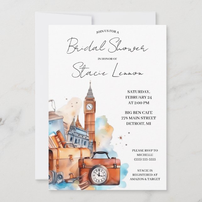 Invitación Big Ben, Londres, Reino Unido, ducha de novia temá (Anverso)