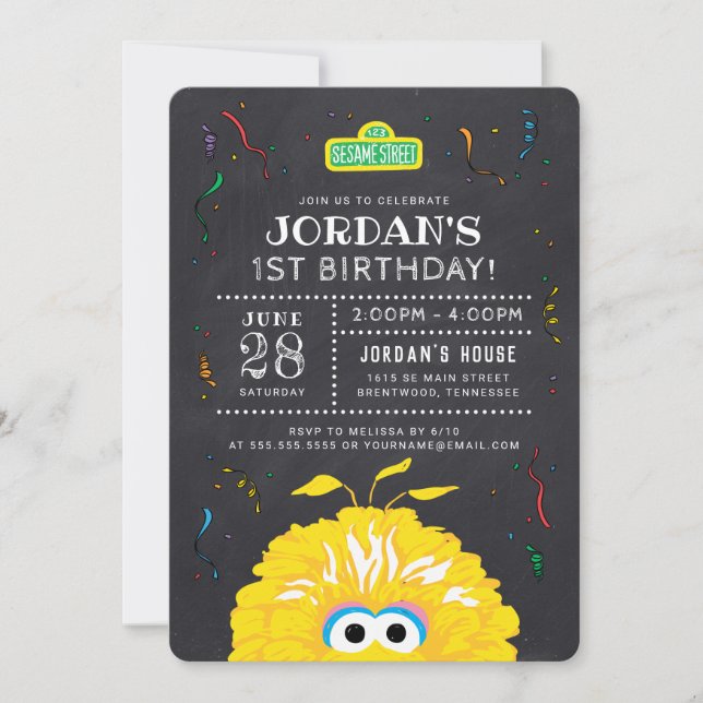 Invitación Big Bird Chalkboard Confetti Cumpleaños (Anverso)