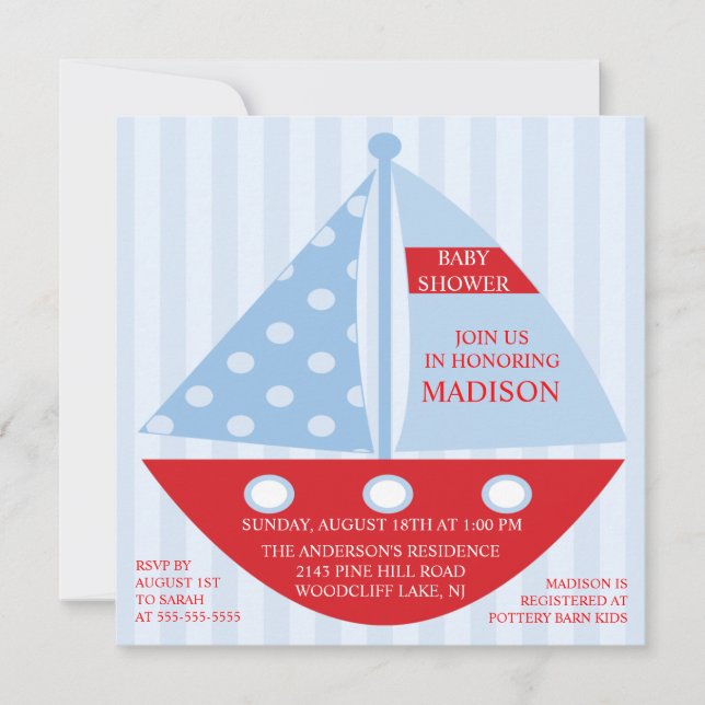 Invitación Big Bold Red Blue SAILBOAT Boy Baby Shower (Anverso)