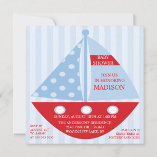 Invitación Big Bold Red Blue SAILBOAT Boy Baby Shower