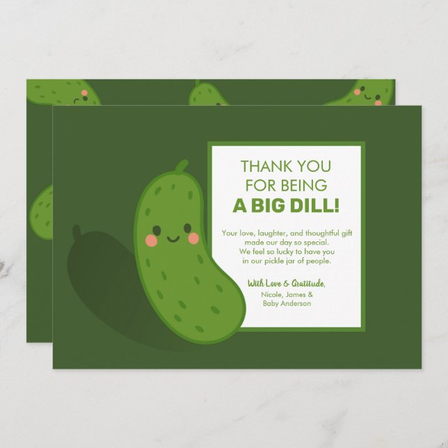 Invitación Big Dill Green Pickle Baby Shower Gracias (Anverso / Reverso)