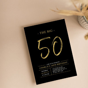 Invitación Big Fifty   Fiesta de cumpleaños 50 dorado y negro