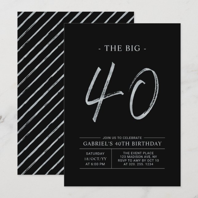 Invitación Big Forty | Silver y Black 40th Birthday Fiesta (Anverso / Reverso)