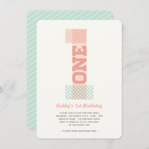 Invitación Big Number 1 Stripes Baby Girl Primer Fiesta de cu