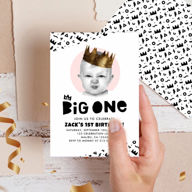 Invitación Big One First Birthday Moderno Photo Black White (Subido por el creador)