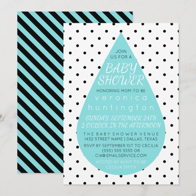 Invitación Big Raindrop & Polka Dots Blue Baby Shower (Anverso / Reverso)