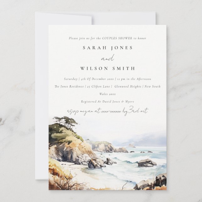 Invitación Big Sur California Watercolor Scape Couples Shower (Anverso)