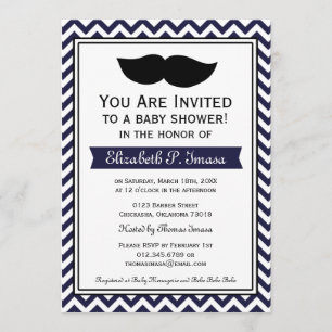 Invitación Bigote Chevron Baby Shower del muchacho de azules