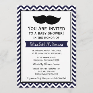 Invitación Bigote Chevron Baby Shower del muchacho de azules