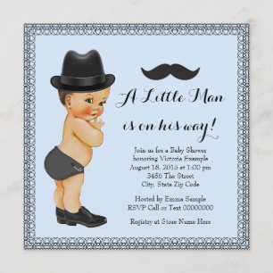 Invitación Bigote Hombre Pequeño Azul y Negro Baby Shower