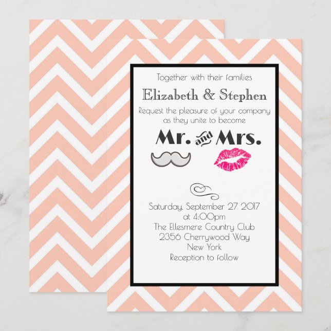 Invitación Bigote y Labios Boda del Sr. y Sra. Melocotón (Anverso / Reverso)