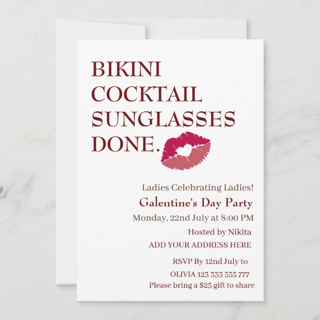 Invitación BIKINI COCKTAIL SE DIO EL Día de Galentine (Anverso)