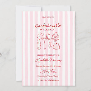 Invitación Bikinis de boceto rojo y Martinis de rayas rosadas