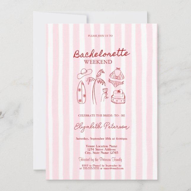 Invitación Bikinis de boceto rojo y Martinis de rayas rosadas (Anverso)