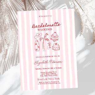 Invitación Bikinis de boceto rojo y Martinis de rayas rosadas