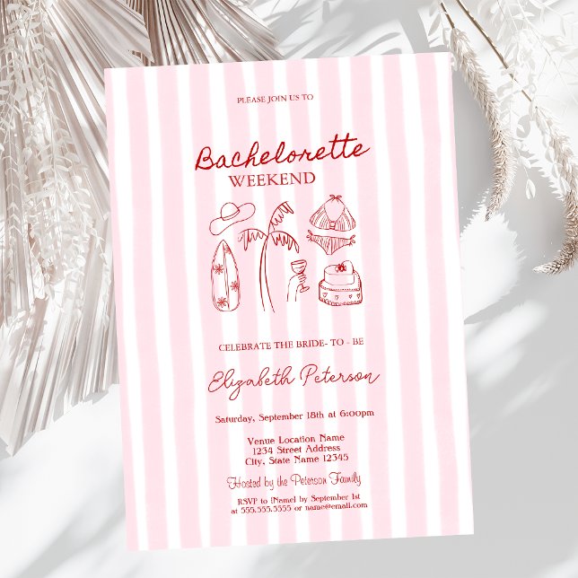Invitación Bikinis de boceto rojo y Martinis de rayas rosadas (Subido por el creador)