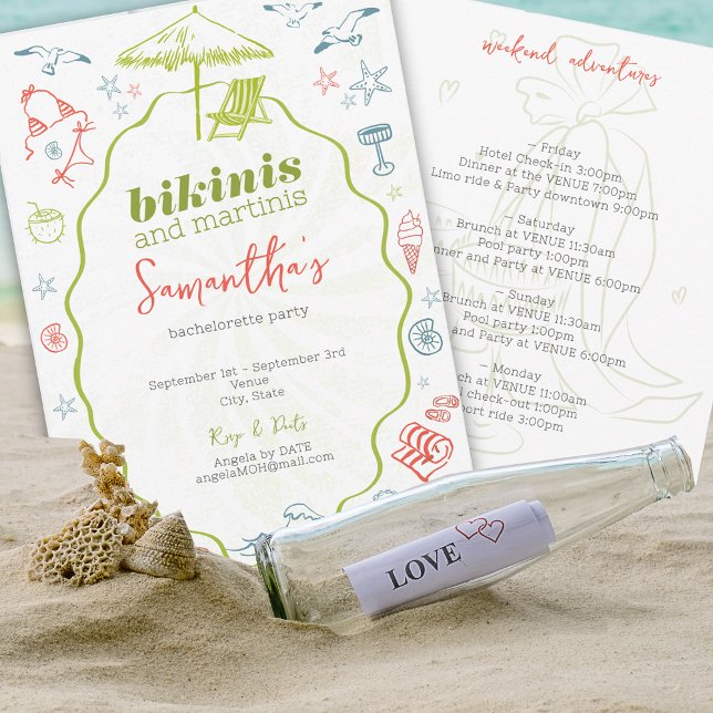 Invitación Bikinis & Martinis 2 Hand Drawn Beach Bachelorette (Bikinis Martinis Tropical Island Destination Hand Drawn Beach Bachelorette Girls Weekend Invitation)