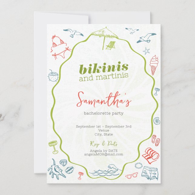 Invitación Bikinis & Martinis Hand Drawn Beach Bachelorette (Anverso)