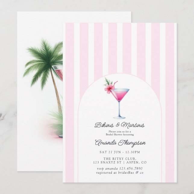 Invitación Bikinis rosas y Martinis Fiesta Tropical de Desped (Anverso / Reverso)