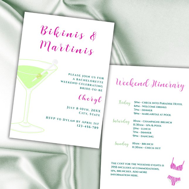 Invitación Bikinis Y Martinis Bachelorette Weekend (bikinis and martinis bachelorette party invitation vibrant pink and green weekend itinerary)