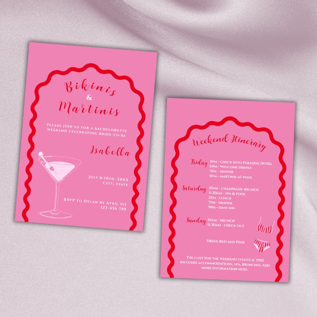 Invitación Bikinis Y Martinis Fin De Semana De Bachelorette R (bikinis and martinis bachelorette party invitation pink and red weekend itinerary)
