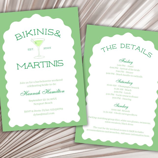 Invitación Bikinis Y Martinis Fin De Semana De Bachelorette V (Bikinis And Martinis Green Bachelorette Weekend Invitation)