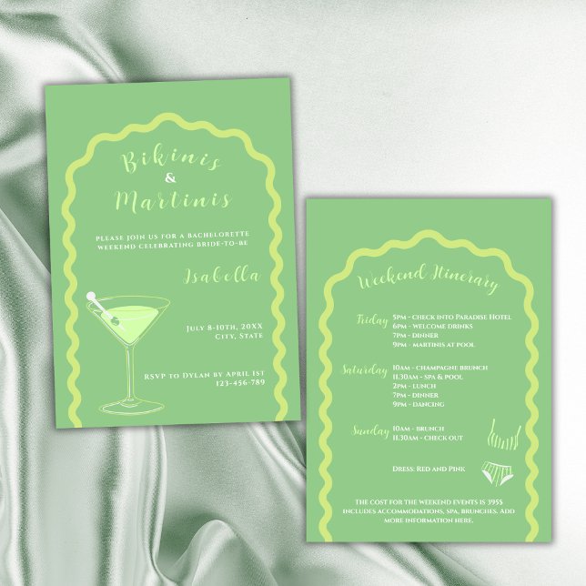Invitación Bikinis Y Martinis Fin De Semana De Bachelorette V (bikinis and martinis bachelorette party invitation yellow and green weekend itinerary)