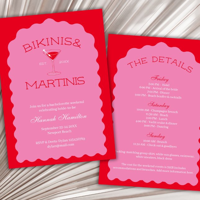 Invitación Bikinis Y Martinis Negrita Bachelorette Rosa Y Roj (Bikinis And Martinis Bold Pink & Red Bachelorette Invitation)