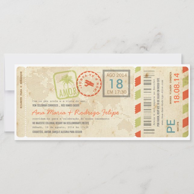 Invitación Bilhet de Avião embarque convite de casamento (Anverso)