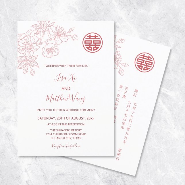 Invitación BILINGUAL | Boda chino rosa floral Rubor (Subido por el creador)