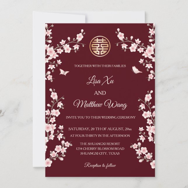 Invitación BILINGUAL | Maroon Cherry Blossom Boda chino (Anverso)