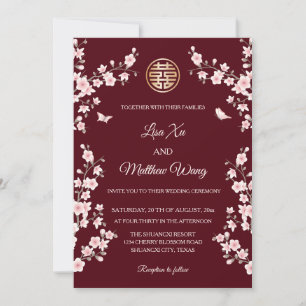 Invitación BILINGUAL   Maroon Cherry Blossom Boda chino
